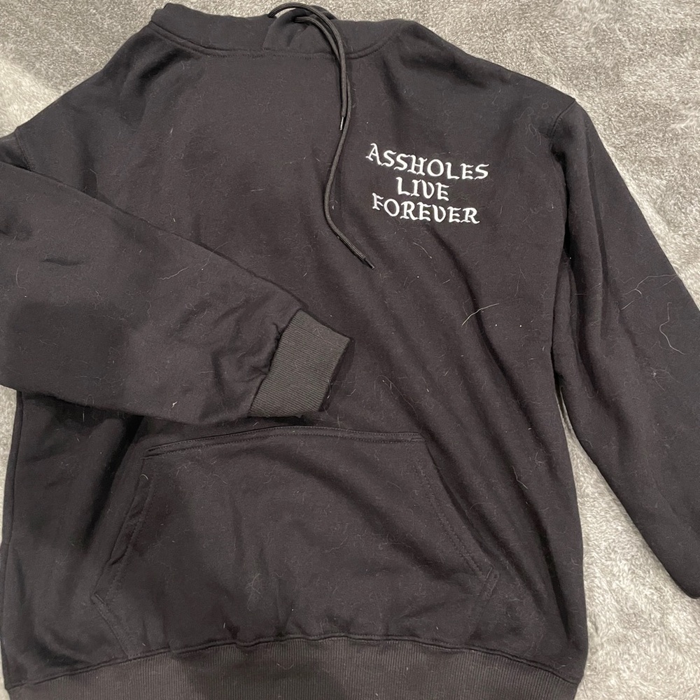 ASSHOLES LIVE FOREVER UNISEX L BLACK EMBROIDERED HOODIE WITH BUILT IN FACEMASK
